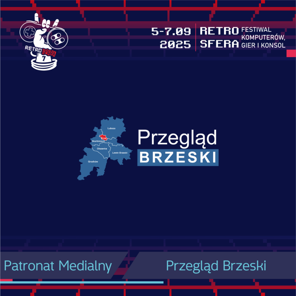 Obrazek przedstawia grafikę promującą patronat medialny Przeglądu Brzeskiego nad RetroSferą vol. 7. W górnej części znajduje się logo RetroSfery – dłoń układająca znak „peace” z przyciskami pada do gier, a obok daty wydarzenia: 5-7.09.2025 oraz napis „RetroSfera – Festiwal Komputerów, Gier i Konsol”.

W centralnej części umieszczono logo Przeglądu Brzeskiego, które zawiera mapę powiatu brzeskiego z zaznaczonym na czerwono miastem Brzeg. Pod mapą widnieje nazwa „Przegląd Brzeski” w białych i niebieskich barwach.

Na dole grafiki znajduje się napis „Patronat Medialny” oraz „Przegląd Brzeski” na tle w stylu retro, nawiązującym do estetyki pikselowych gier.