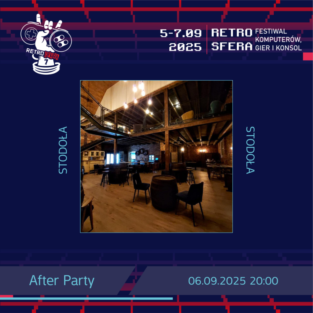 Grafika promująca After Party RetroSfery 2025. W centralnej części zdjęcie wnętrza lokalu Stodoła w Brzegu – przestronnego, klimatycznego wnętrza z drewnianymi elementami i loftowym wystrojem. Na górze grafiki logo RetroSfery vol. 7 oraz daty festiwalu: 5–7.09.2025. Na dole: informacja o After Party – 06.09.2025, godz. 20:00.