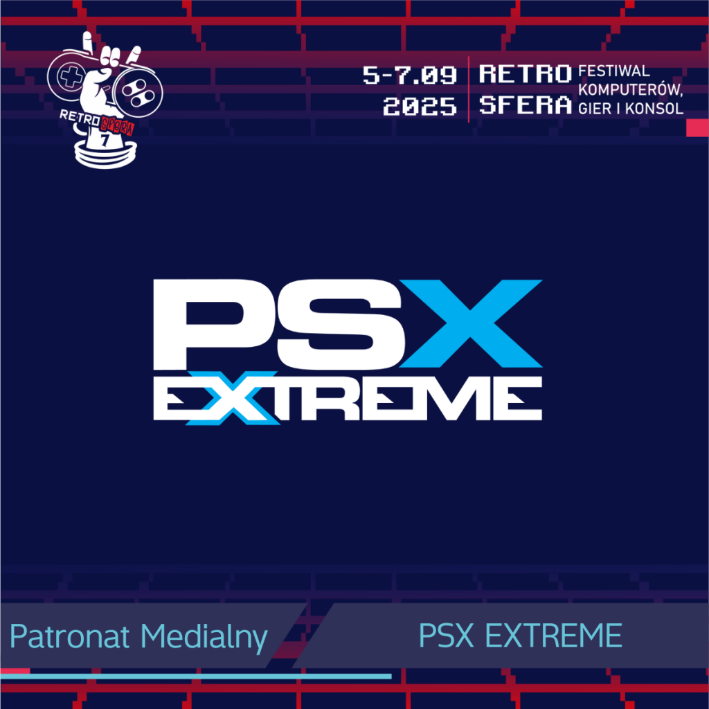 Logo PSX Extreme na ciemnoniebieskim tle z informacją o patronacie medialnym RetroSfery vol. 7. W lewym górnym rogu widoczne logo RetroSfera 7, a w prawym górnym data wydarzenia: 5–7.09.2025 oraz napis 'RetroSfera – Festiwal Komputerów, Gier i Konsol'. Na dole napis: Patronat Medialny – PSX Extreme.