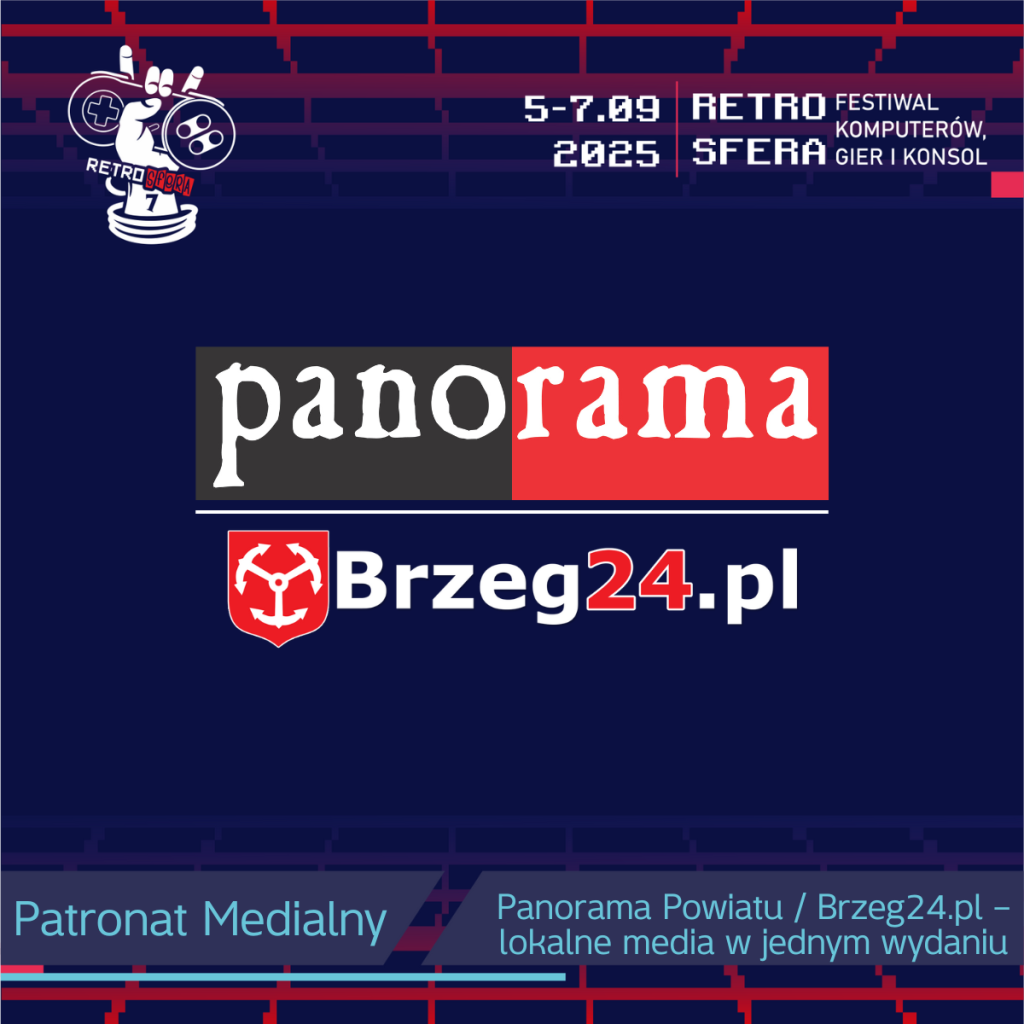 Logo RetroSfery vol.7 oraz daty wydarzenia 5–7 września 2025. Centralnie umieszczone logotypy „Panorama Powiatu” i „Brzeg24.pl” z podpisem „Patronat Medialny”. Na dole grafiki napis: „Panorama Powiatu / Brzeg24.pl – lokalne media w jednym wydaniu”. Granatowe tło z pikselowym wzorem w kolorach czerwieni i fioletu.
