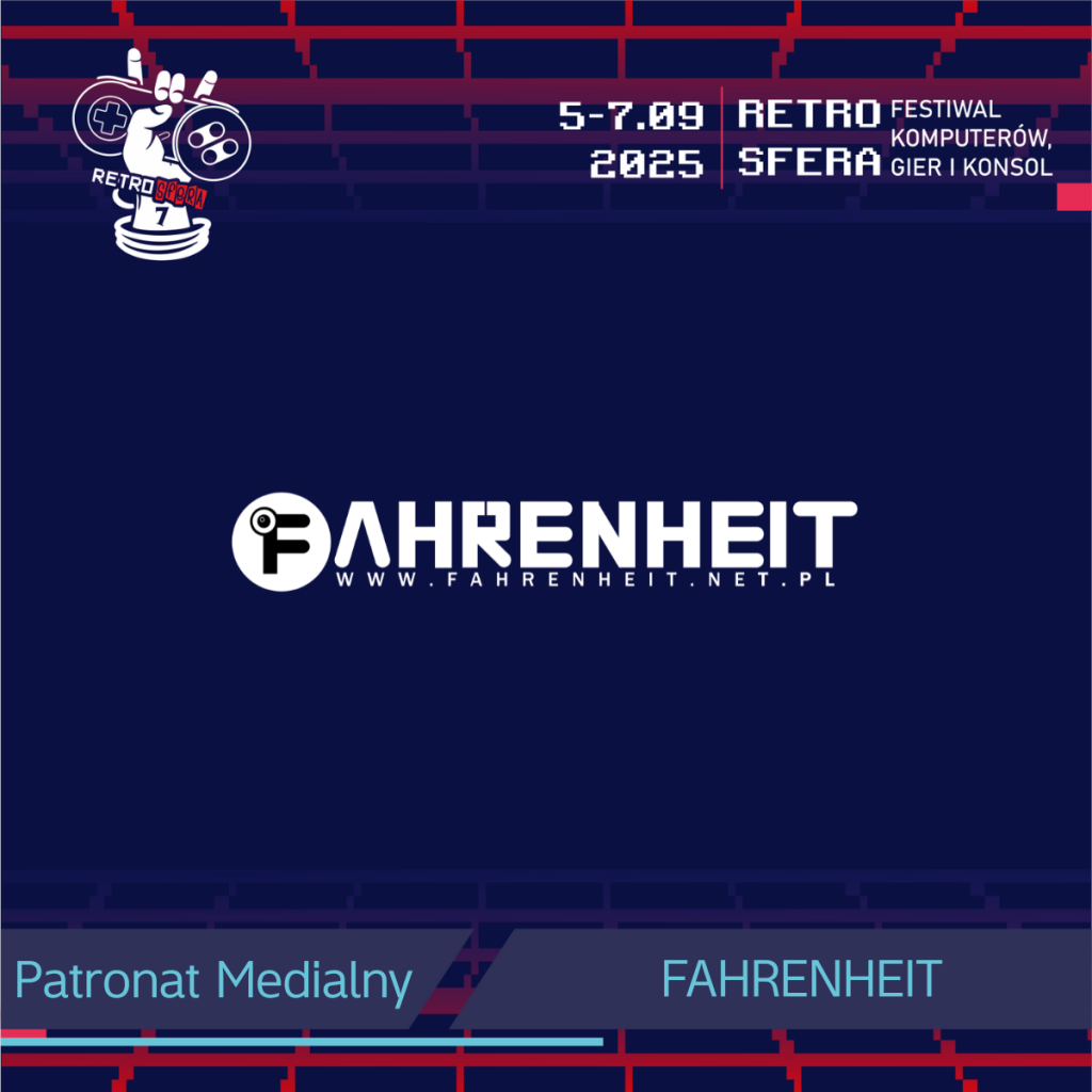 Logo RetroSfery vol.7 oraz daty wydarzenia 5–7 września 2025. Centralnie umieszczony logotyp czasopisma „FAHRENHEIT www.fahrenheit.net.pl” z podpisem „Patronat Medialny”. Na dole grafiki napis: „FAHRENHEIT”. Granatowe tło z pikselowym wzorem w kolorach czerwieni i fioletu.