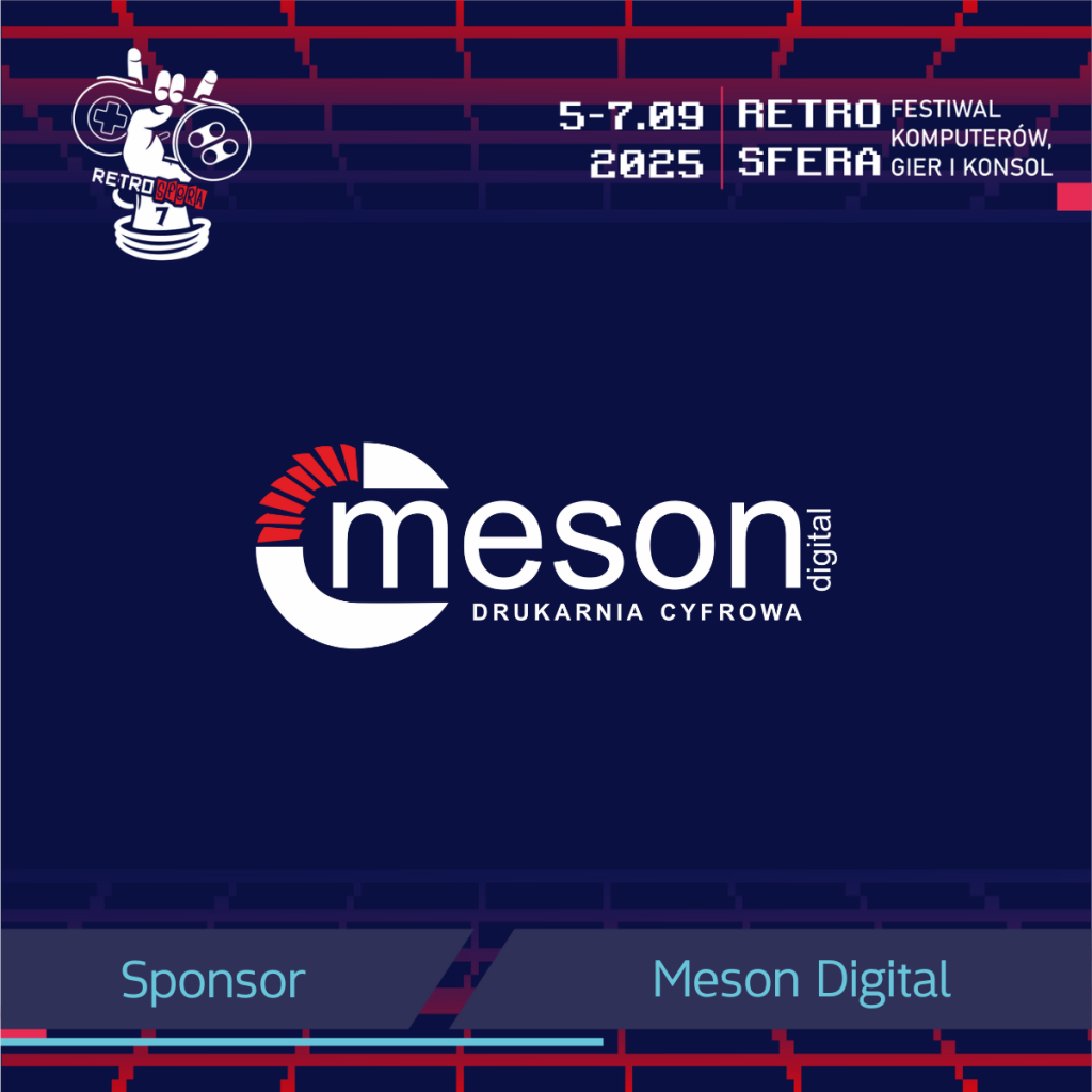 Grafika promująca sponsora RetroSfery 2025 – firmę Meson Digital. Na granatowym tle znajduje się logo Meson Digital z napisem 'drukarnia cyfrowa'. W prawym górnym rogu widnieje logo RetroSfery 7 oraz daty festiwalu: 5–7.09.2025, RetroSfera – Festiwal Komputerów, Gier i Konsol. Na dole grafiki umieszczono podpisy: 'Sponsor' i 'Meson Digital'.
