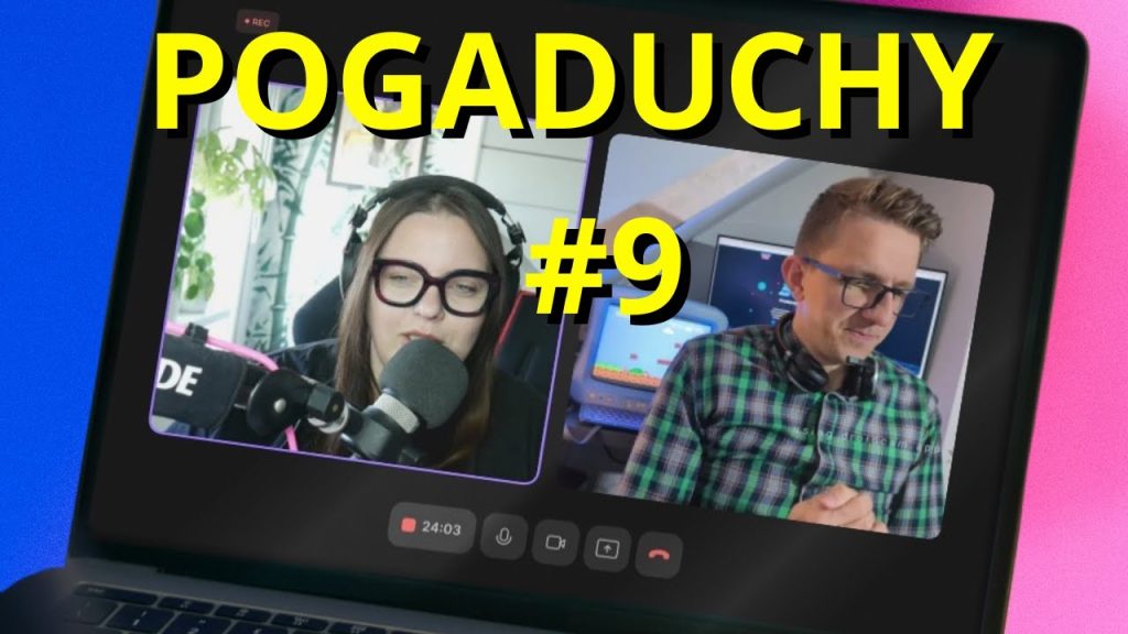 Kadr promujący dziewiąty odcinek podcastu "Pogaduchy" – Katarzyna Muzyczuk i Piotr Jarzyński rozmawiają zdalnie przez wideorozmowę. Na ekranie widać oboje rozmówców w okienkach rozmowy wideo, w tle retrokomputery i sprzęt do gier. Napis "POGADUCHY #9" umieszczony jest na górze grafiki dużą, żółtą czcionką.