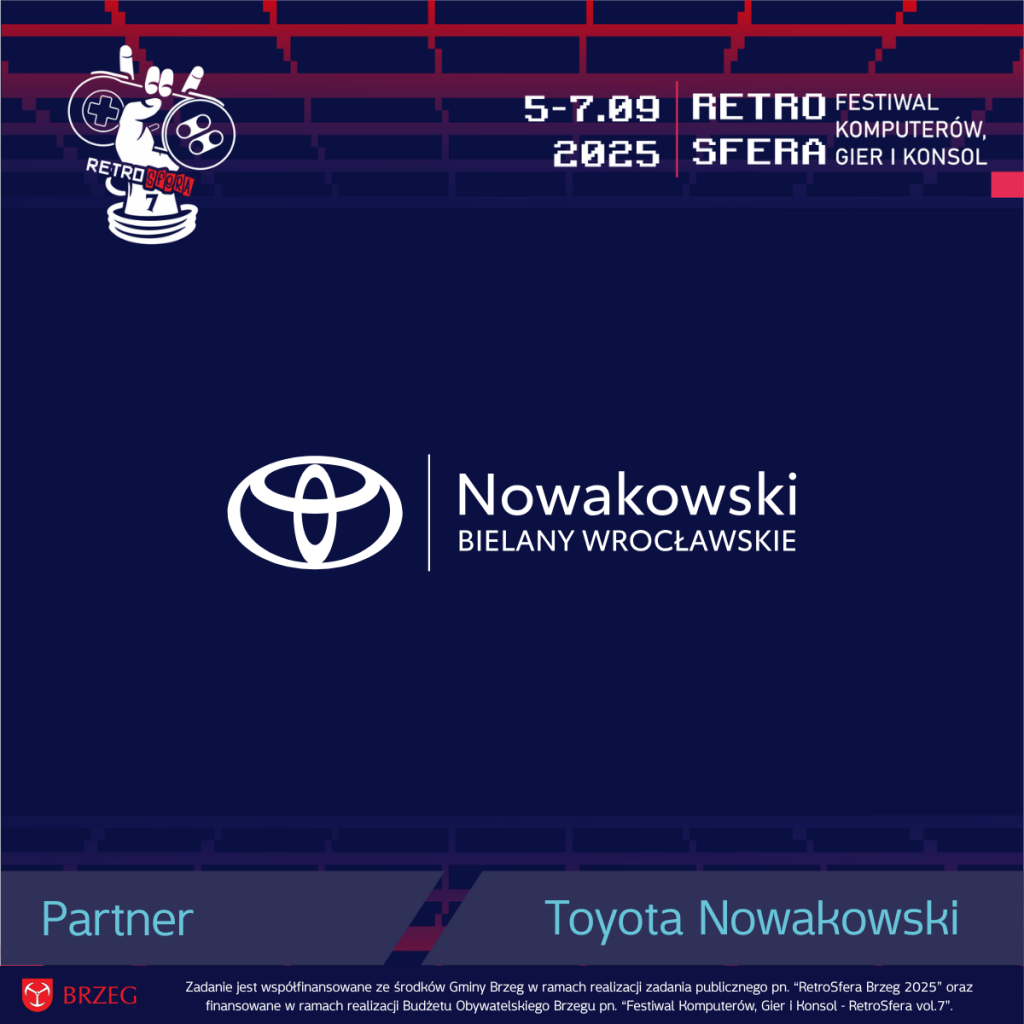 Grafika promująca RetroSferę vol. 7 z logotypem Toyota Nowakowski Bielany Wrocławskie jako partnera wydarzenia. W górnej części widoczna data festiwalu: 5–7.09.2025 oraz napis „RetroSfera – Festiwal Komputerów, Gier i Konsol”. Na dole logotyp Gminy Brzeg oraz informacja o współfinansowaniu wydarzenia przez Gminę Brzeg i Budżet Obywatelski Brzegu.