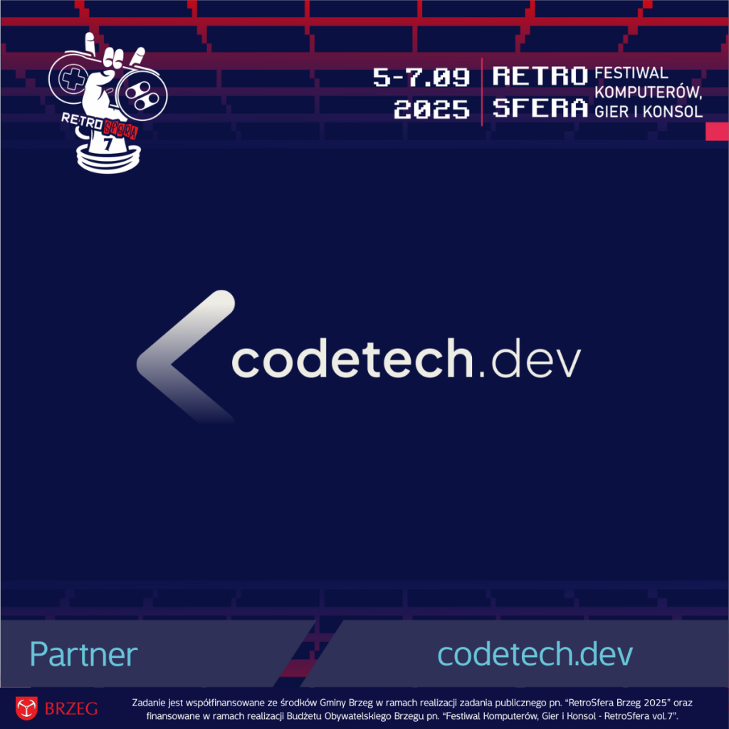 Logo firmy codetech.dev na tle graficznym RetroSfery vol.7 – Festiwalu Komputerów, Gier i Konsol, który odbędzie się w dniach 5–7 września 2025 roku. Grafika informuje, że codetech.dev jest partnerem wydarzenia. Na dole widnieje informacja o współfinansowaniu ze środków Gminy Brzeg i Budżetu Obywatelskiego Brzegu.