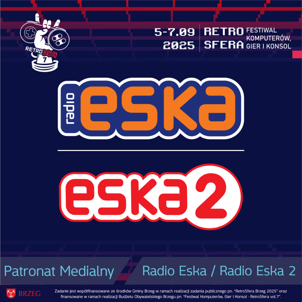 Grafika promująca patronat medialny Radia Eska i Eska 2 dla wydarzenia RetroSfera 2025. Na górze znajduje się logo RetroSfery oraz daty wydarzenia: 5–7 września 2025, z dopiskiem "Retro Festiwal Komputerów, Gier i Konsol". Centralnie umieszczone są logotypy Radia Eska (pomarańczowo-niebieskie) i Eska 2 (czerwono-białe). Na dole grafiki widnieje napis „Patronat Medialny – Radio Eska / Radio Eska 2” oraz informacja, że wydarzenie jest współfinansowane ze środków Gminy Brzeg i Budżetu Obywatelskiego Brzegu.