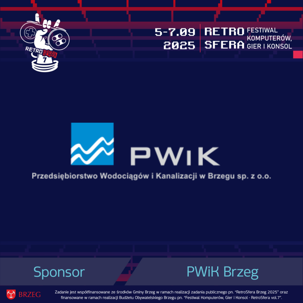 Logo Przedsiębiorstwa Wodociągów i Kanalizacji w Brzegu sp. z o.o. na tle graficznym Festiwalu RetroSfera vol.7, który odbędzie się w dniach 5–7 września 2025 roku. U dołu widoczna informacja o sponsorze oraz współfinansowaniu zadania przez Gminę Brzeg i Budżet Obywatelski Brzegu.