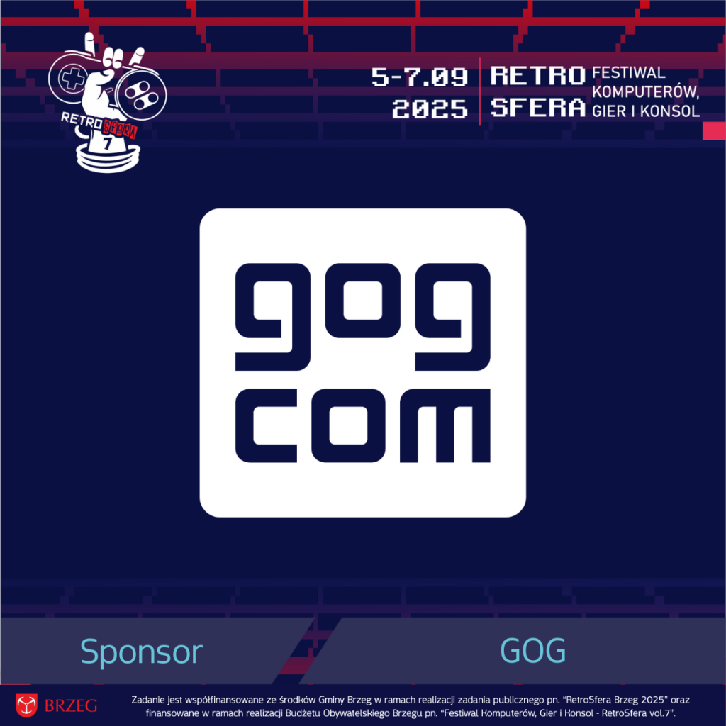 Logo platformy GOG.com na granatowym tle z logotypem RetroSfery vol.7 i informacją o sponsorowaniu festiwalu RetroSfera 2025. U góry widoczna data wydarzenia: 5–7 września 2025 oraz napis „Festiwal Komputerów, Gier i Konsol”. Na dole umieszczono informację o współfinansowaniu zadania ze środków Gminy Brzeg oraz Budżetu Obywatelskiego Brzegu.