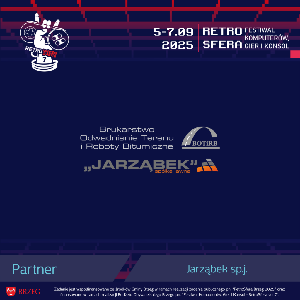 Grafika promująca partnera RetroSfery vol.7 – firmę „Jarząbek” sp.j. Na górze widoczne logo RetroSfery z kontrolerami i datą wydarzenia: 5–7.09.2025. Poniżej logo firmy Jarząbek oraz napis: „Brukarstwo, Odwadnianie Terenu i Roboty Bitumiczne”. Na dole informacja o współfinansowaniu przez Gminę Brzeg i Budżet Obywatelski. Tło w kolorze granatowym z pikselowym motywem retro.