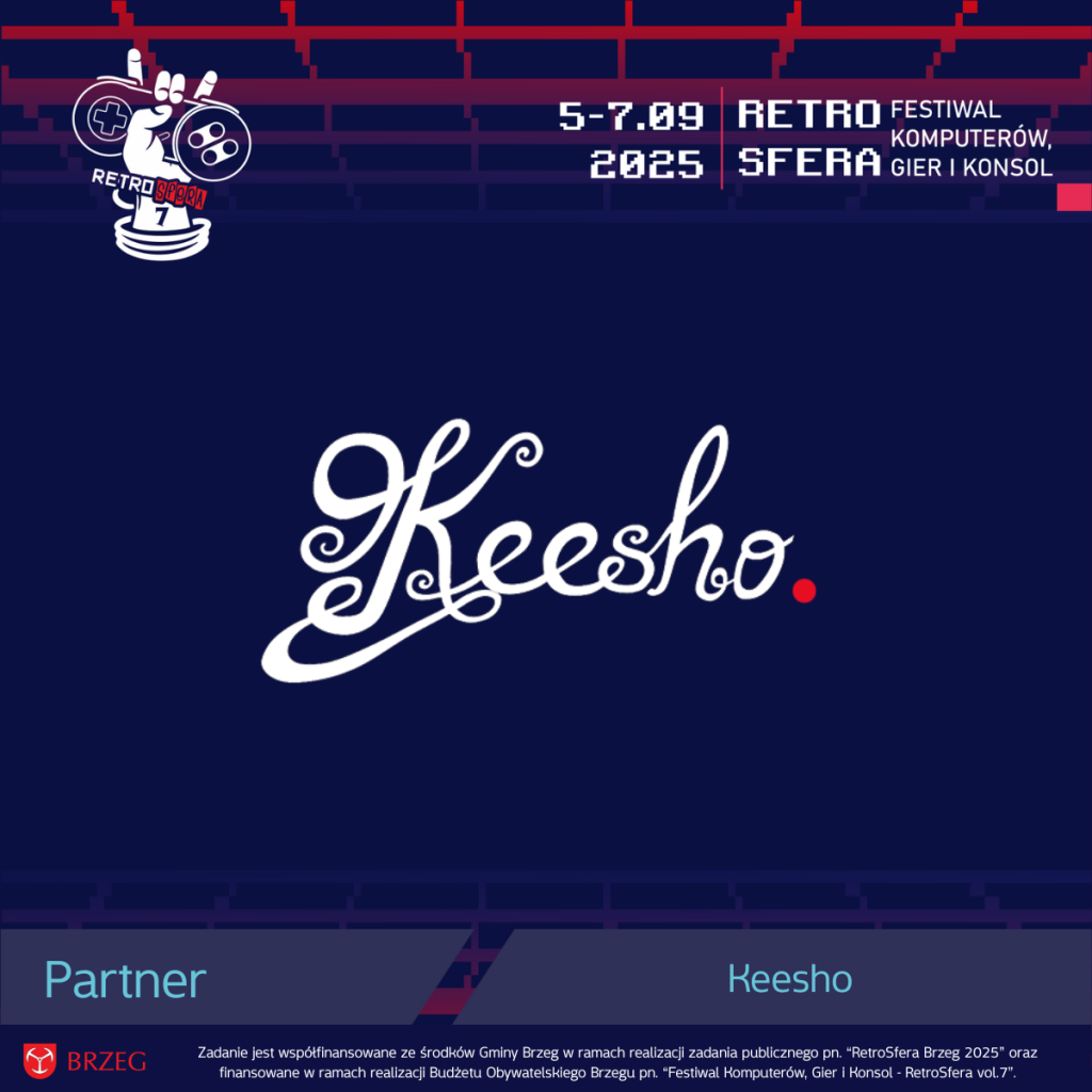 Logo Partnera RetroSfery vol.7 – Keesho Photography, na granatowym tle z grafiką festiwalu RetroSfera 2025 (5–7 września) oraz logotypem miasta Brzeg i informacją o współfinansowaniu wydarzenia.
