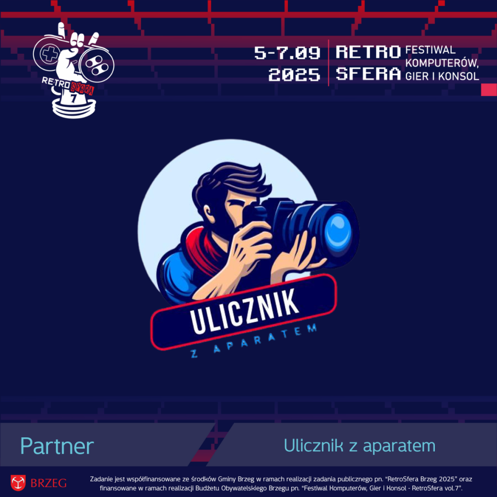 Logo partnera RetroSfery vol.7 – „Ulicznik z aparatem”. Ilustracja przedstawia stylizowanego mężczyznę z aparatem fotograficznym, w niebiesko-czerwonych barwach, kadrującego zdjęcie. W tle jasny okrąg. U góry widoczne daty wydarzenia „5–7.09 2025” i napis „RetroSfera – Festiwal Komputerów, Gier i Konsol”. Na dole logo miasta Brzeg oraz informacja o współfinansowaniu zadania.