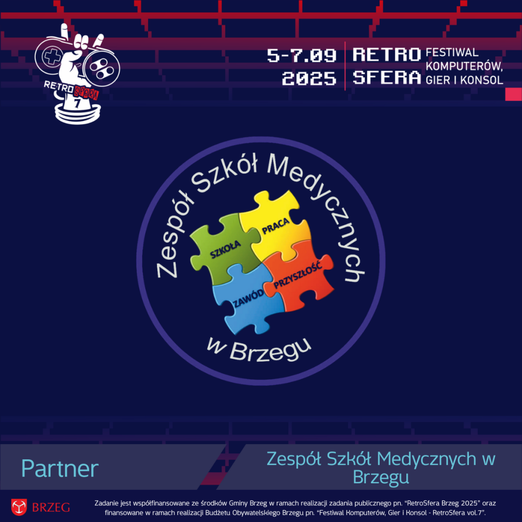 Grafika promująca RetroSferę vol.7 z datą wydarzenia: 5–7.09.2025. Na środku znajduje się logo Zespołu Szkół Medycznych w Brzegu, przedstawiające cztery kolorowe puzzle z napisami: "SZKOŁA", "PRACA", "ZAWÓD", "PRZYSZŁOŚĆ". W dolnej części widoczny napis "Partner – Zespół Szkół Medycznych w Brzegu" oraz informacja o współfinansowaniu zadania ze środków Gminy Brzeg i Budżetu Obywatelskiego Brzegu.