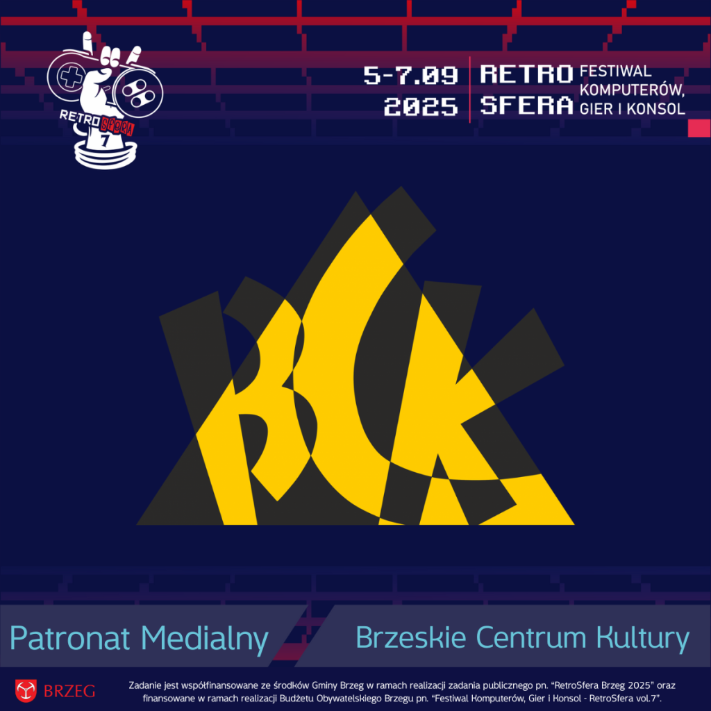 Grafika promująca patronat medialny Brzeskiego Centrum Kultury nad RetroSferą vol.7. W centralnej części znajduje się logo BCK w żółto-czarnych barwach na granatowym tle. W lewym górnym rogu logo RetroSfery z padającą ręką i datą wydarzenia: 5–7.09.2025. Na dole znajduje się napis: „Patronat Medialny – Brzeskie Centrum Kultury” oraz informacja o współfinansowaniu wydarzenia ze środków Gminy Brzeg i Budżetu Obywatelskiego.