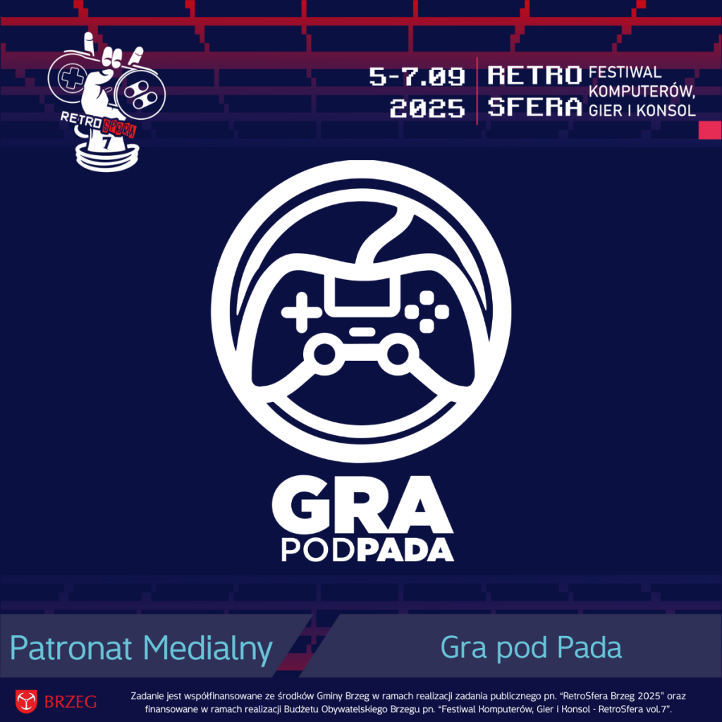 Logo portalu GraPodPada z białym symbolem pada do gier w okręgu na granatowym tle. Nad nim znajduje się logo RetroSfery vol.7 oraz daty 5–7.09.2025. Na dole umieszczono informację: „Patronat Medialny – Gra pod Pada” oraz komunikat o współfinansowaniu wydarzenia przez Gminę Brzeg i Budżet Obywatelski Brzegu.