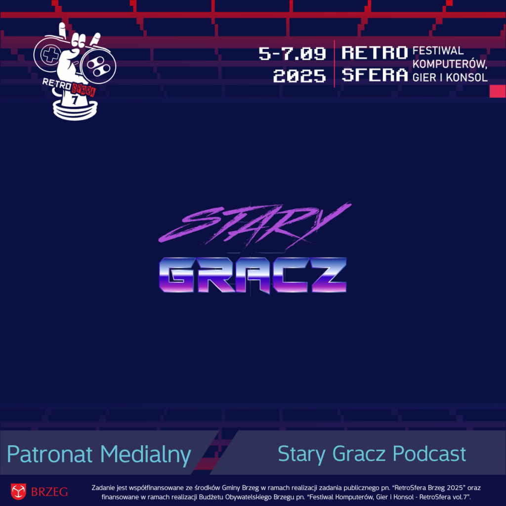 🕹️ Grafika promująca Retro Festiwal Komputerów, Gier i Konsol „RetroSfera vol.7”, zaplanowany na 5–7 września 2025 roku w Brzegu. U góry znajduje się stylizowane logo przedstawiające rękę trzymającą dwa kontrolery do gier. W centralnej części umieszczony jest duży napis „STARY GRACZ” w klimacie retro. Dolna część zawiera logotyp miasta Brzeg, informację o patronacie medialnym podcastu „Stary Gracz” oraz wzmiankę o współfinansowaniu wydarzenia przez Gminę Brzeg i Budżet Obywatelski Brzegu.
