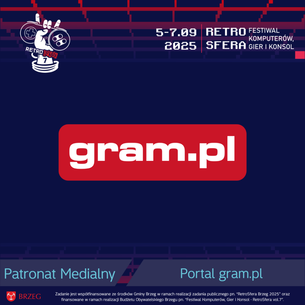 Logo portalu gram.pl na tle graficznym RetroSfery vol.7. W lewym górnym rogu widnieje logo RetroSfery z datą wydarzenia: 5–7.09.2025. Na dole grafiki znajdują się napisy: „Patronat Medialny”, „Portal gram.pl” oraz informacja o współfinansowaniu wydarzenia przez Gminę Brzeg i Budżet Obywatelski Brzegu.