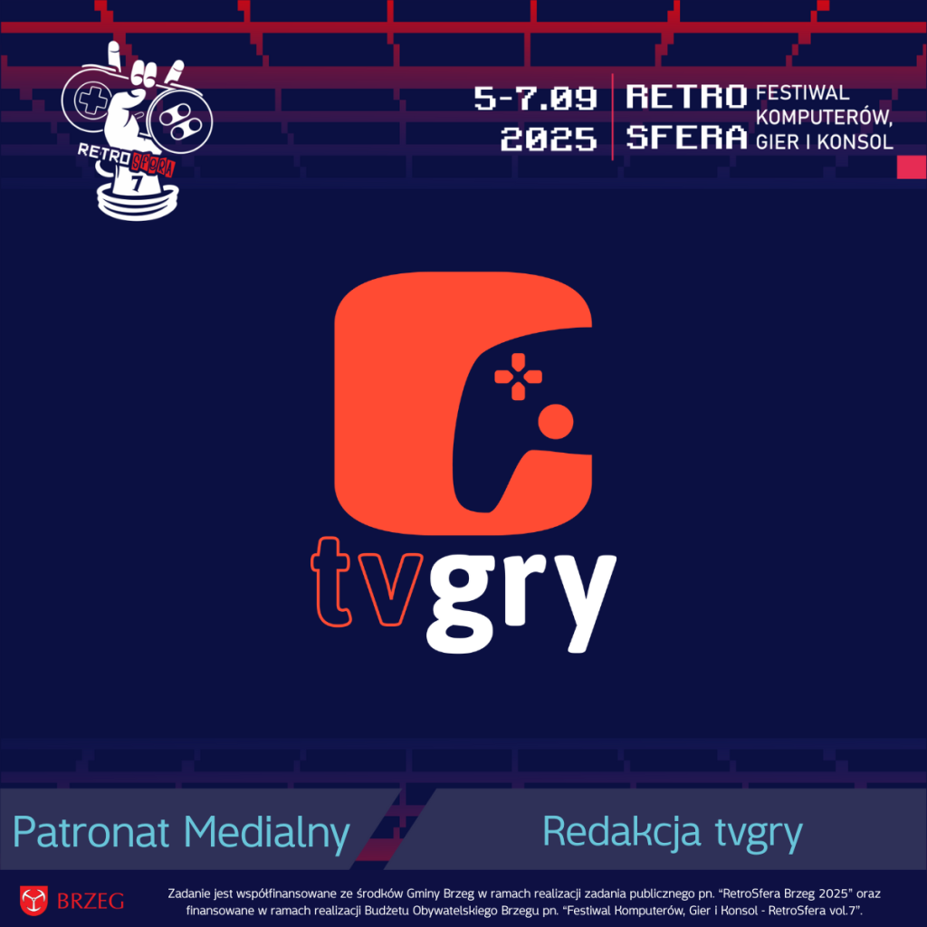 Grafika promująca współpracę RetroSfery z redakcją tvgry jako Patronem Medialnym Festiwalu Komputerów, Gier i Konsol – RetroSfera vol.7. Na środku widoczne duże logo tvgry z charakterystyczną literą „C” stylizowaną na gamepada. W lewym górnym rogu logo RetroSfery i daty wydarzenia: 5–7.09.2025. Na dole pasek z logotypem miasta Brzeg oraz informacją o współfinansowaniu zadania ze środków Gminy Brzeg i Budżetu Obywatelskiego.