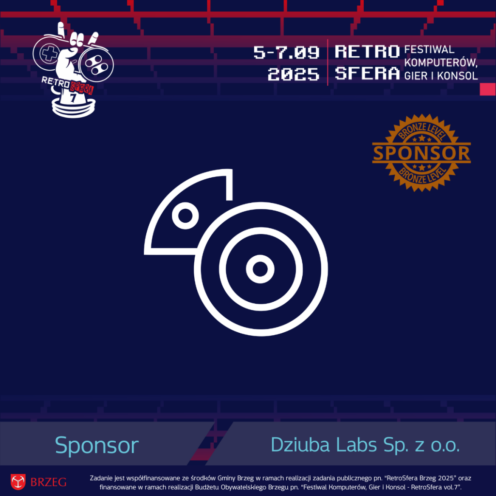 Grafika informująca o sponsorze RetroSfery vol.7 – firmie Dziuba Labs Sp. z o.o. Na środku widoczna stylizowana biała ikona przedstawiająca kameleona na granatowym tle. W prawym górnym rogu znajduje się brązowy medal z napisem „Sponsor Bronze Level”. W lewym górnym rogu logo RetroSfery vol.7 i daty wydarzenia: 5–7.09.2025. Na dole grafiki widnieje napis „Sponsor – Dziuba Labs Sp. z o.o.” oraz informacja o współfinansowaniu wydarzenia przez Gminę Brzeg i z Budżetu Obywatelskiego Brzegu.