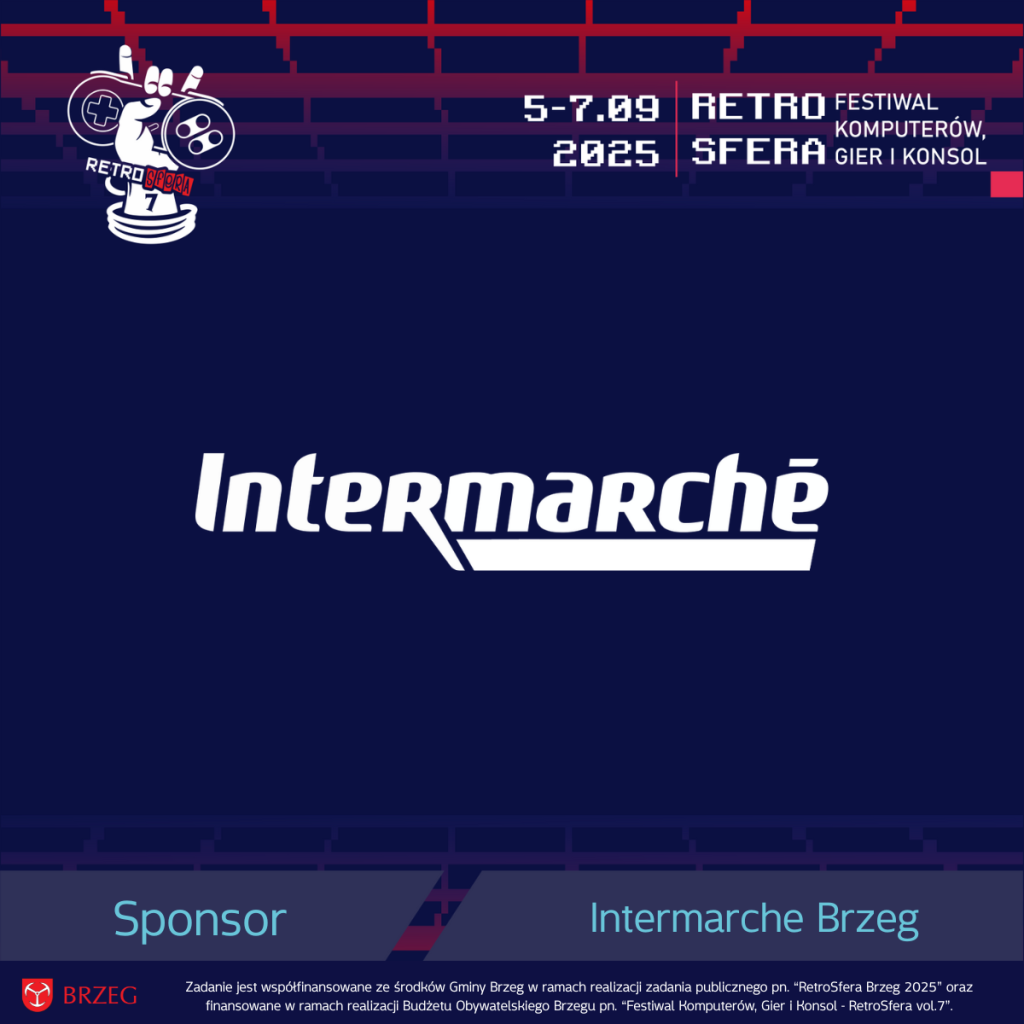 Plakat reklamujący Retro Festiwal Komputerów, Gier i Konsol 'RetroSfera vol. 7', zaplanowany na 5–7 września 2025 roku. Zawiera logotypy organizatorów i sponsorów, w tym Intermarché Brzeg, Gmina Brzeg i Budżet Obywatelski Brzegu. Tło w stylu retro, nawiązujące do kultury gier lat minionych.