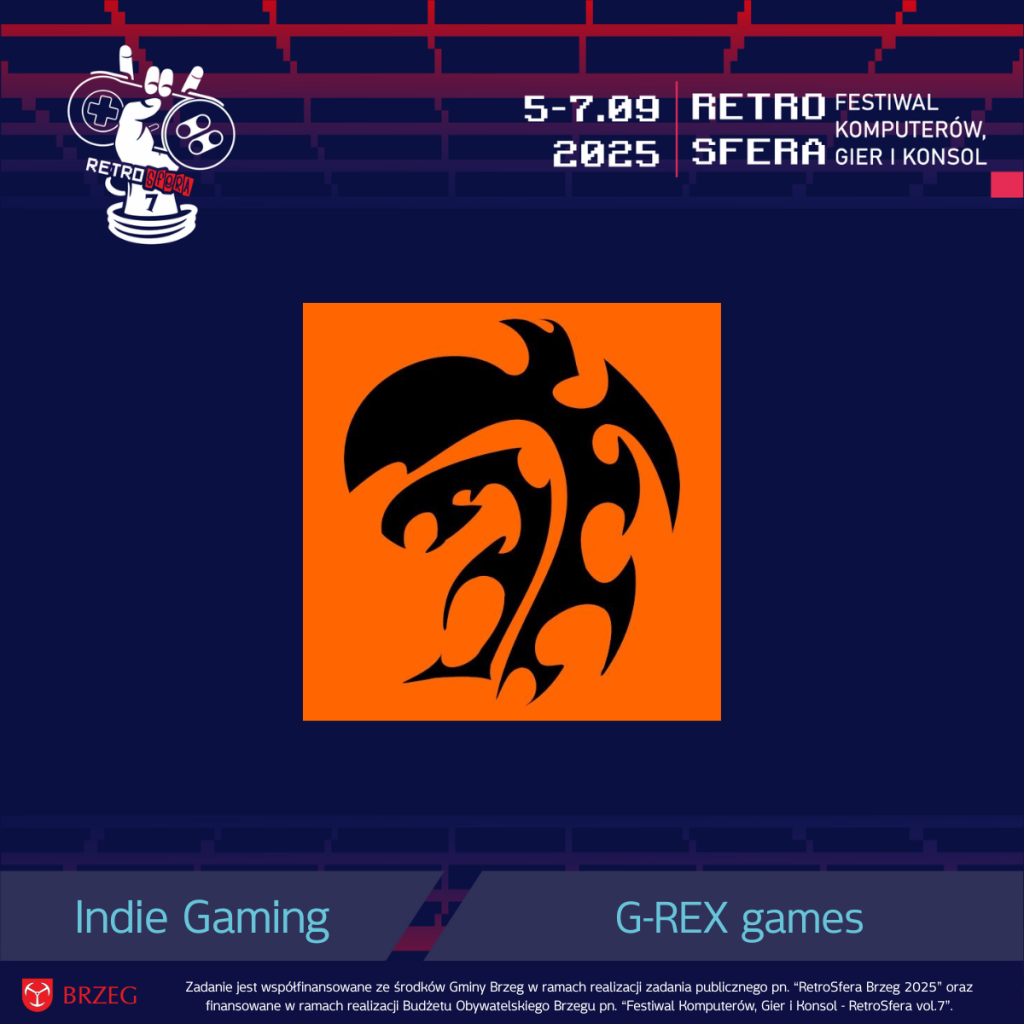Grafika promująca udział studia G-REX games w Strefie Indie podczas RetroSfera vol.7. Na środku widoczne jest czarne, stylizowane logo w kształcie dinozaura na pomarańczowym tle. W górnej części znajduje się logotyp RetroSfera vol.7 oraz daty festiwalu: 5–7.09.2025. Na dole napis „Indie Gaming – G-REX games” oraz informacja o współfinansowaniu wydarzenia przez Gminę Brzeg i Budżet Obywatelski Brzegu.
