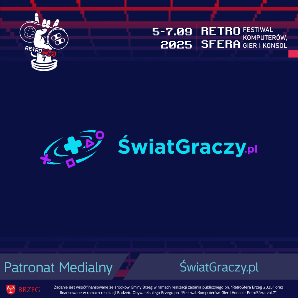 Logo portalu ŚwiatGraczy.pl na tle retro-pikselozy z logotypem RetroSfera vol.7. Na górze widoczna data wydarzenia: 5–7.09.2025 oraz napis „Retro Sfera – Festiwal Komputerów, Gier i Konsol”. Na dole pasek informacyjny z napisem „Patronat Medialny – ŚwiatGraczy.pl” oraz informacją o współfinansowaniu wydarzenia przez Gminę Brzeg i Budżet Obywatelski Brzegu.