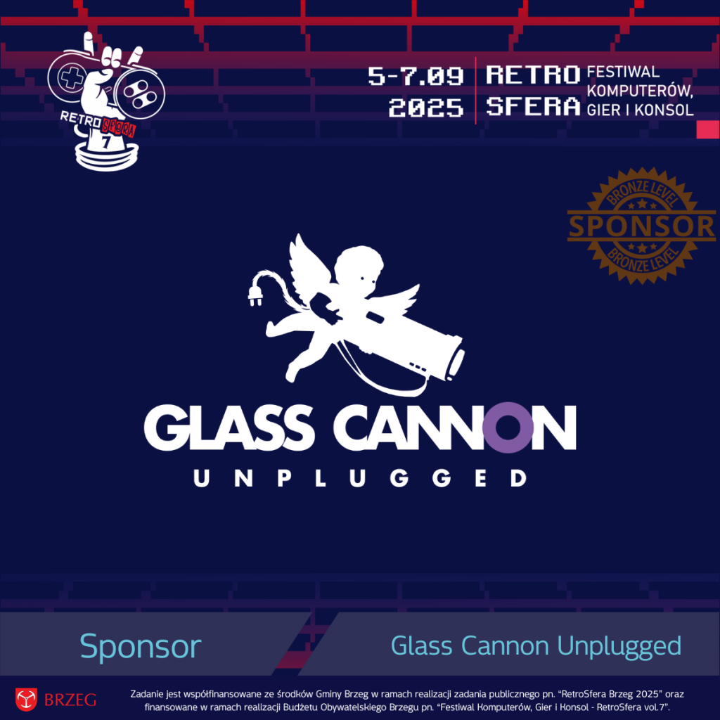 Grafika promująca sponsora RetroSfery vol.7 – studio Glass Cannon Unplugged. Na granatowym tle widnieje biały logotyp przedstawiający aniołka z dużą bronią, obok napis „Glass Cannon Unplugged”. W górnym rogu widnieje informacja o terminie wydarzenia 5–7.09.2025 oraz napis „RetroSfera – Festiwal Komputerów, Gier i Konsol”. Po prawej stronie znajduje się znak „Sponsor Bronze Level”. Na dole widnieje informacja o współfinansowaniu wydarzenia przez Gminę Brzeg i Budżet Obywatelski Brzegu.