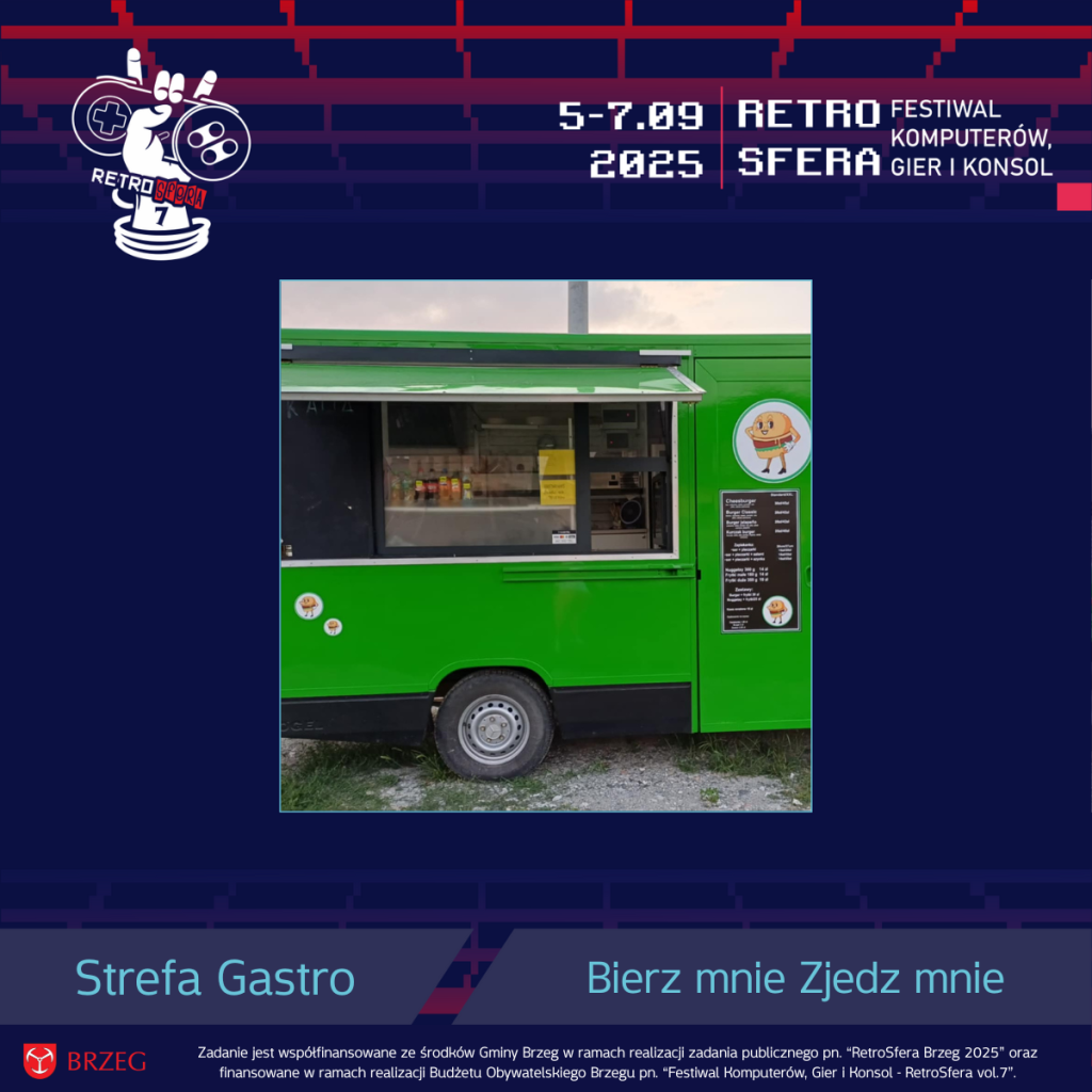 Zielony foodtruck „Bierz mnie Zjedz mnie” z otwartym okienkiem sprzedaży i menu widocznym na boku pojazdu. Grafika promująca RetroSferę vol.7 z datą 5–7 września 2025 w Ratuszu Miejskim w Brzegu. Na dole umieszczono informację o współfinansowaniu wydarzenia przez Gminę Brzeg i Budżet Obywatelski Brzegu.