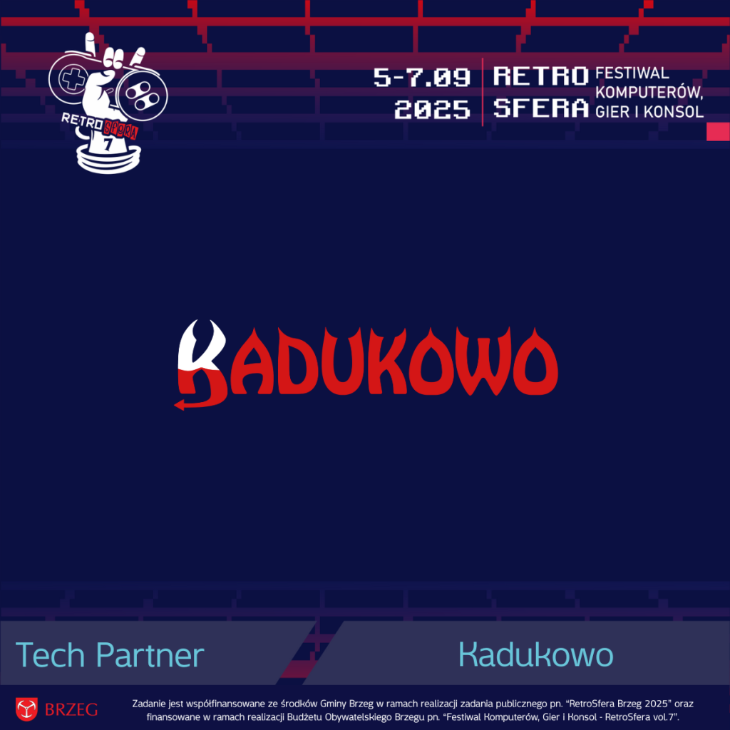 Grafika promocyjna RetroSfery vol.7 informująca o dołączeniu Kadukowo do grona Tech Partnerów wydarzenia. Na górze po lewej logo RetroSfery z datą 5–7.09.2025 i napisem „Retro Festiwal Komputerów, Gier i Konsol”. Na środku widoczny czerwony napis „Kadukowo” z ozdobną literą K w barwach biało-czerwonych. Na dole pasek z podpisem „Tech Partner – Kadukowo” oraz informacją o współfinansowaniu wydarzenia przez Gminę Brzeg i Budżet Obywatelski Brzegu.