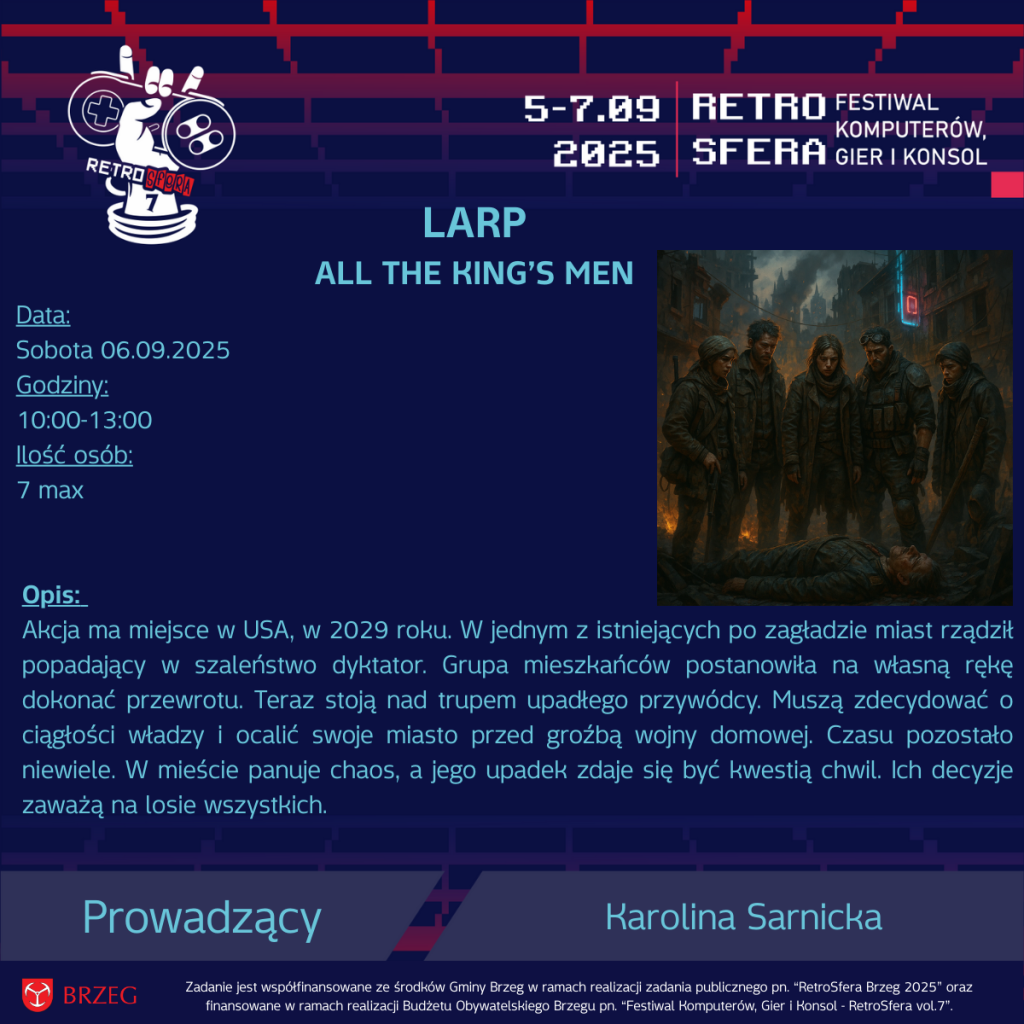 Grafika promująca sesję LARP „All the King’s Men” podczas RetroSfery vol.7. Na ilustracji grupa ludzi w ciemnych ubraniach stoi nad ciałem leżącego mężczyzny na tle ruin miasta w klimacie postapokaliptycznym. Po lewej stronie widnieją informacje o wydarzeniu: data 06.09.2025, godziny 10:00–13:00, limit 7 osób, prowadząca Karolina Sarnicka.