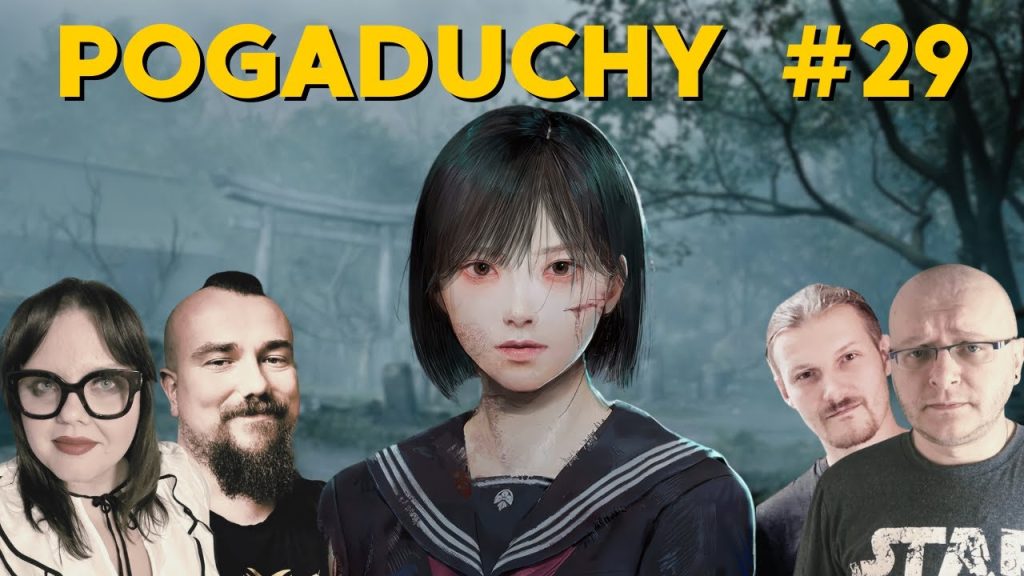Grafika promująca odcinek „Pogaduchy #29”. Na środku znajduje się postać młodej dziewczyny w japońskim szkolnym mundurku, z bladą cerą, czerwonymi oczami i widocznymi ranami na twarzy – nawiązanie do estetyki gry Silent Hill F. W tle widać mroczny, zamglony las z bramą torii. Po lewej stronie znajdują się dwie osoby prowadzące program, a po prawej dwóch gości – wszyscy wycięci na jednolitym tle. U góry widoczny jest duży żółty napis „POGADUCHY #29”.