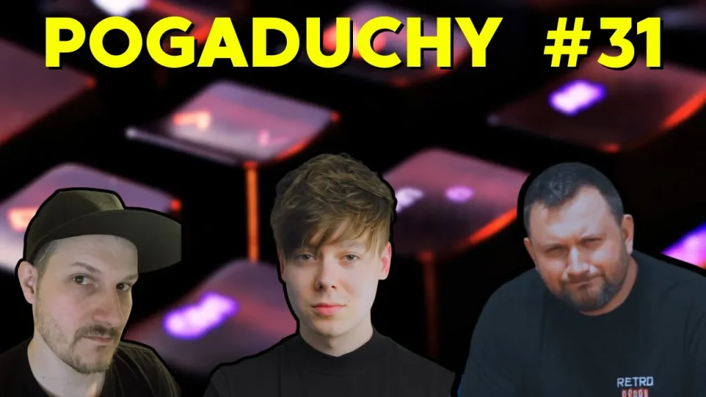 Grafika promująca odcinek „Pogaduchy #31”. Na tle zbliżenia kolorowych, podświetlanych klawiszy klawiatury mechanicznej znajdują się trzy postacie: po lewej mężczyzna w czarnej czapce z daszkiem, pośrodku młody mężczyzna o jasnych włosach, a po prawej brodaty mężczyzna w koszulce RetroSfera. U góry widoczny jest żółty napis „POGADUCHY #31”.