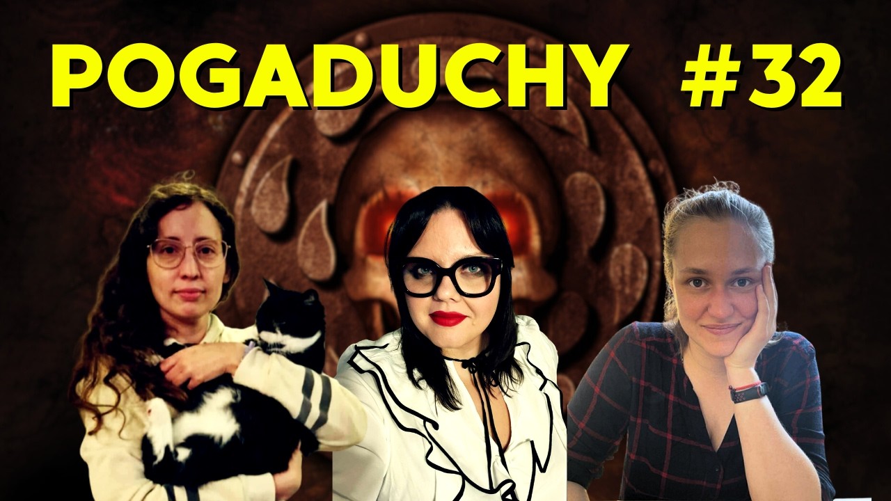 Grafika promująca Pogaduchy #32 poświęcone serii Baldur’s Gate – trzy prowadzące na tle mrocznego, fantasy motywu inspirowanego klimatem gry, z dużym żółtym napisem „POGADUCHY #32” u góry.